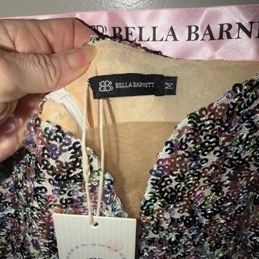BELLA BARNETT Bead Straps Sequin Mini Dress Birthday Sexy Deep V Size Med - Picture 9 of 10